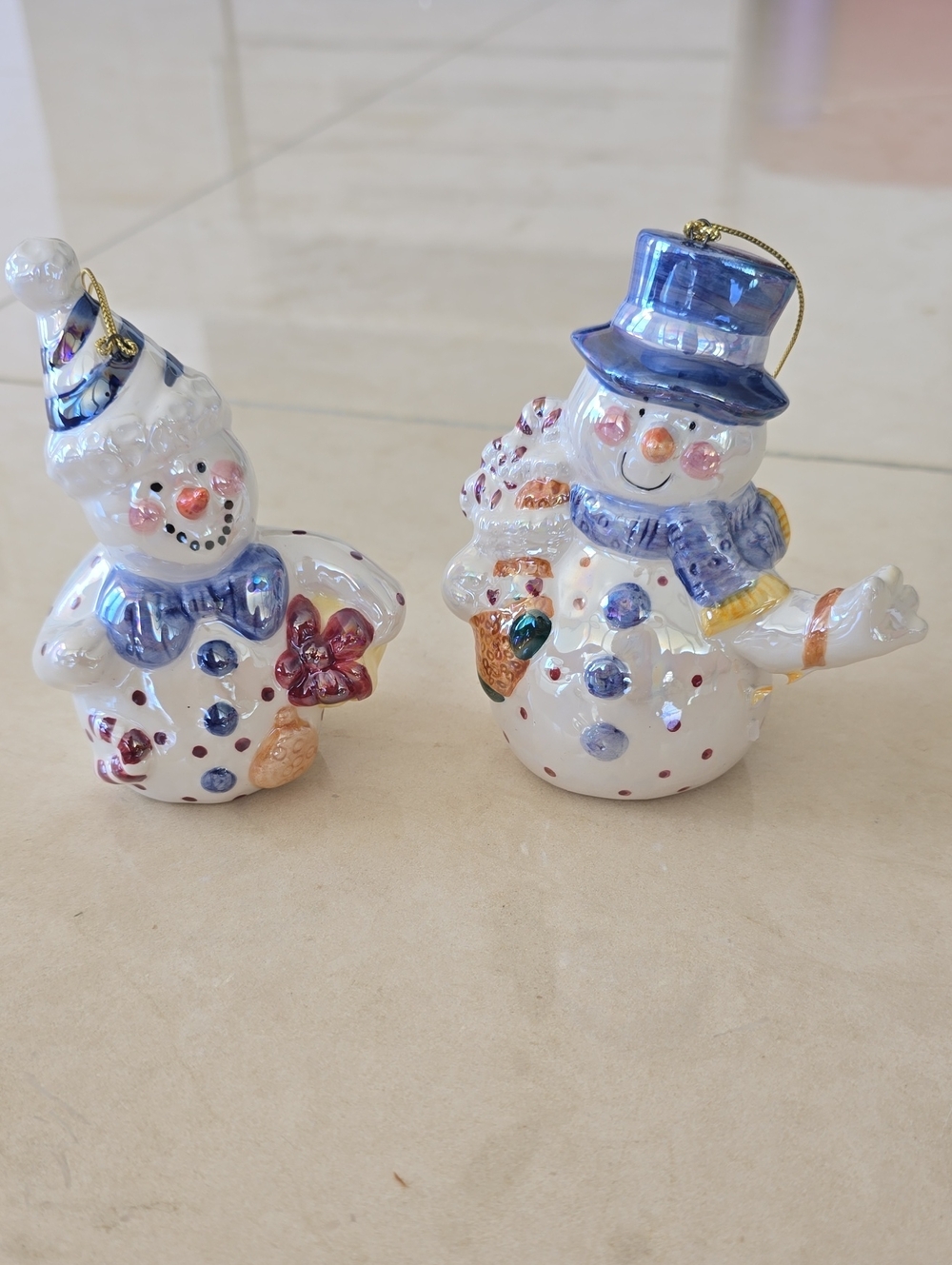 Pair of Ceramic Snowman Ornaments with Blue Accents